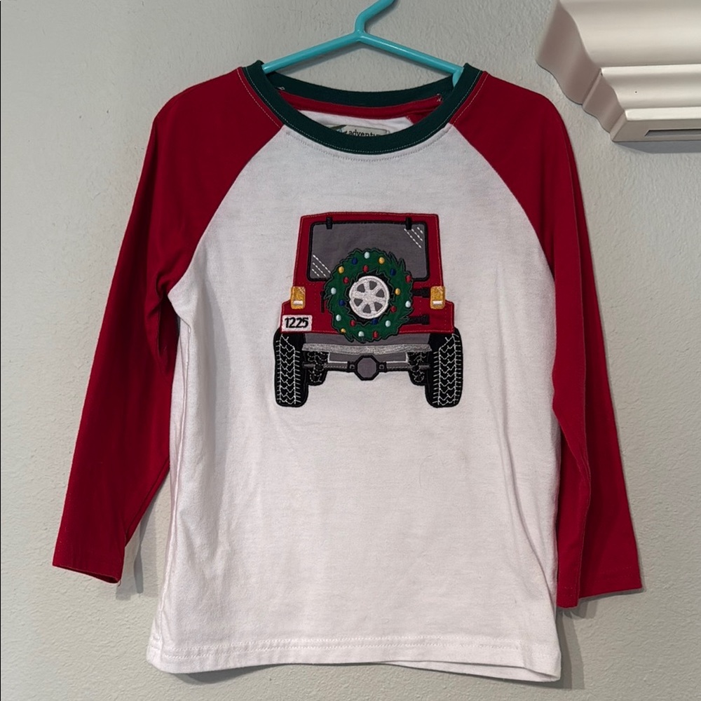 Red and White Long Sleeve Shirt with Jeep Design